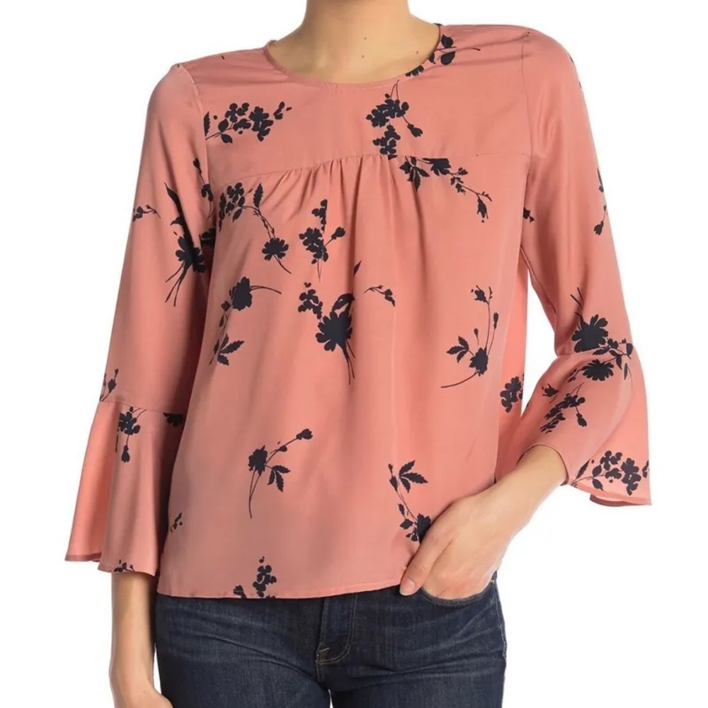Joie Awilda blush pink and navy floral blouse with bell sleeves